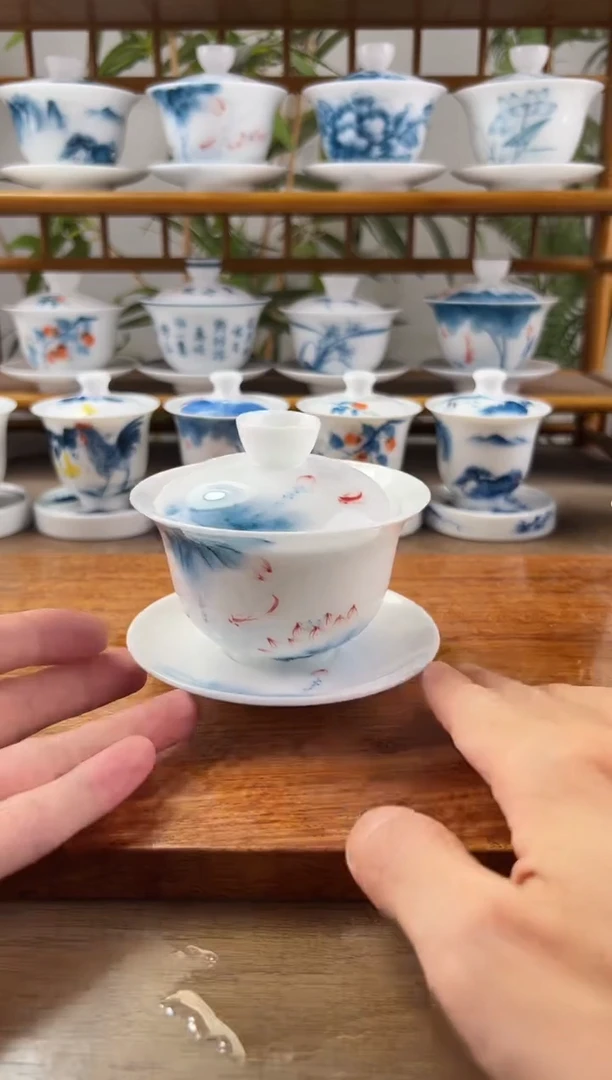 微瑕高冰蓝莲180ml三才盖碗