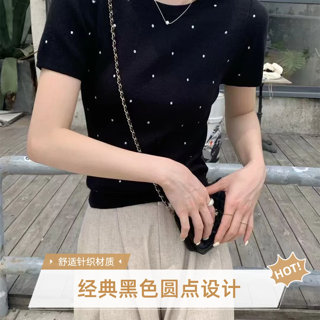 2025春夏新款波点时尚休闲上衣百搭圆领短袖针织衫韩版显瘦t恤
