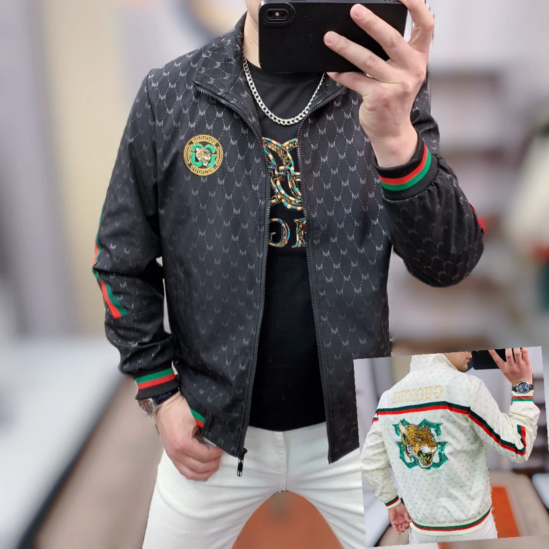 阿凯严选  欧洲站春季新款男士潮流时尚修身刺绣翻领个性夹克外套