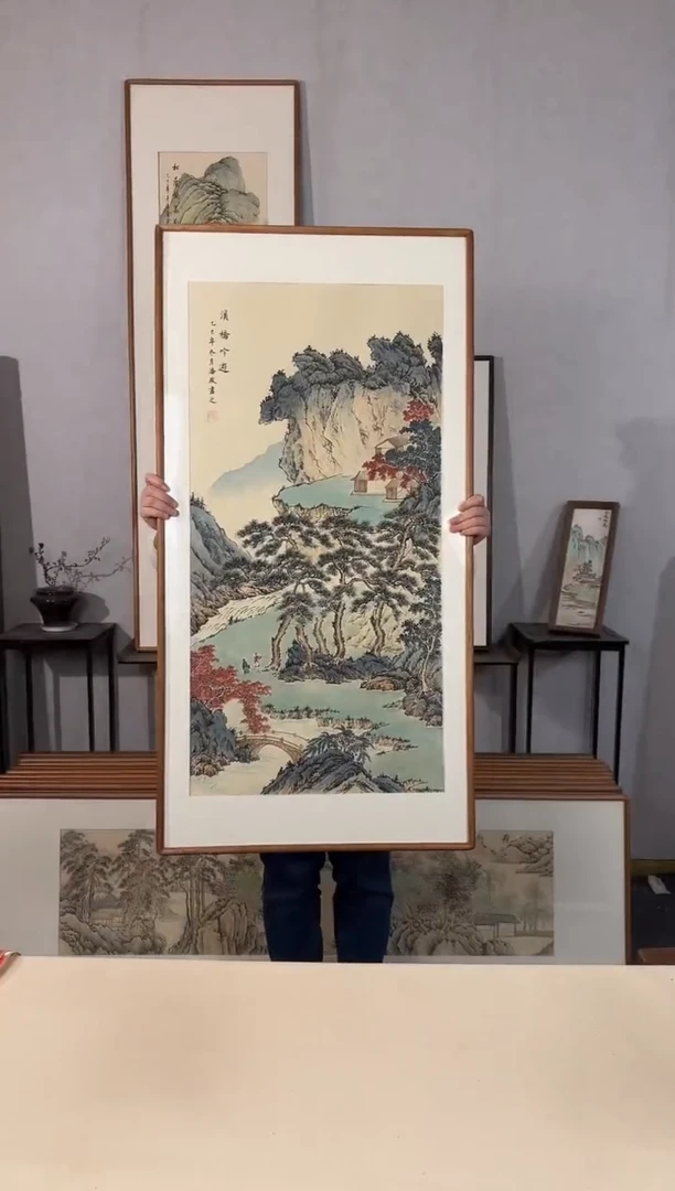国画手绘*溪桥吟游*62*122cm*原木色木框