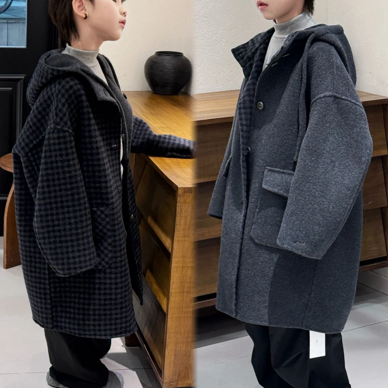 儿童双面穿加厚呢大衣2025冬季新款男童女童韩系休闲时尚纯色外套