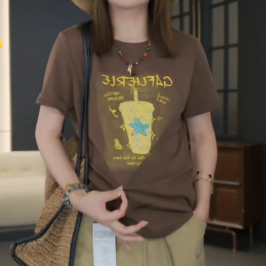 【星星杯T】2025韩系风夏季新款卡通印花手工亮片短袖T恤LK2503425