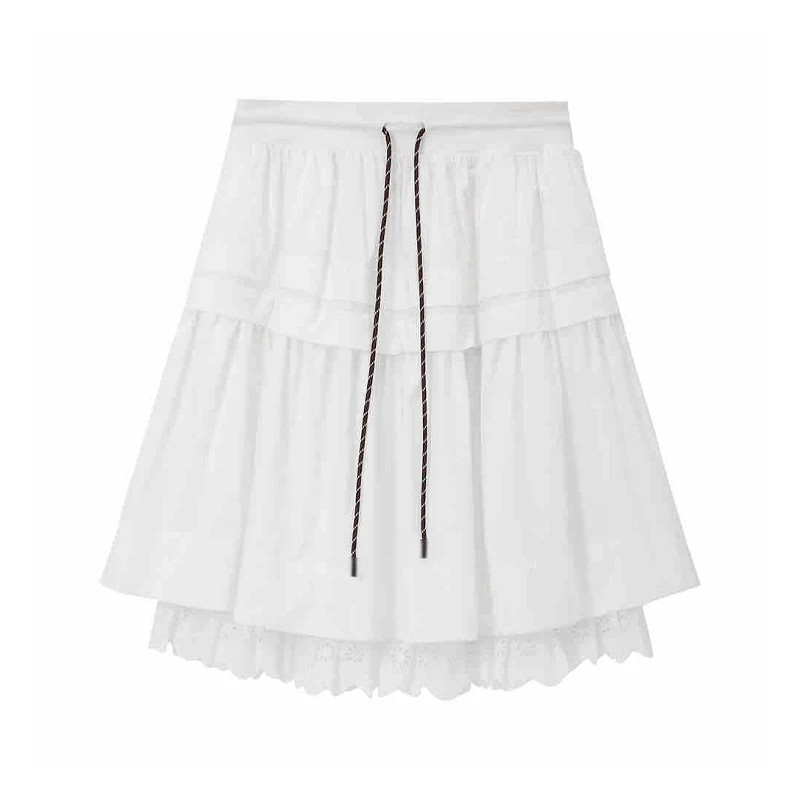 RAQBQ32687设计师款新品松紧腰抽绳A字下摆蕾丝堆叠宽松半身裙