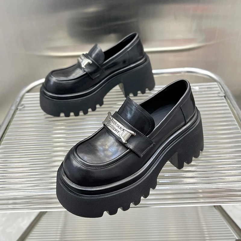 9609-5增高厚底乐福鞋女2025年新款真皮松糕单鞋粗跟百搭小皮鞋