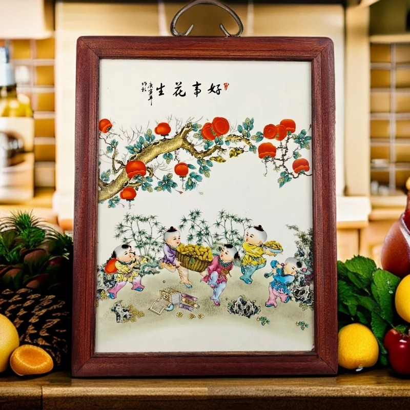 景德镇陶瓷好事花生手工粉彩陶瓷实木边框37*29cm