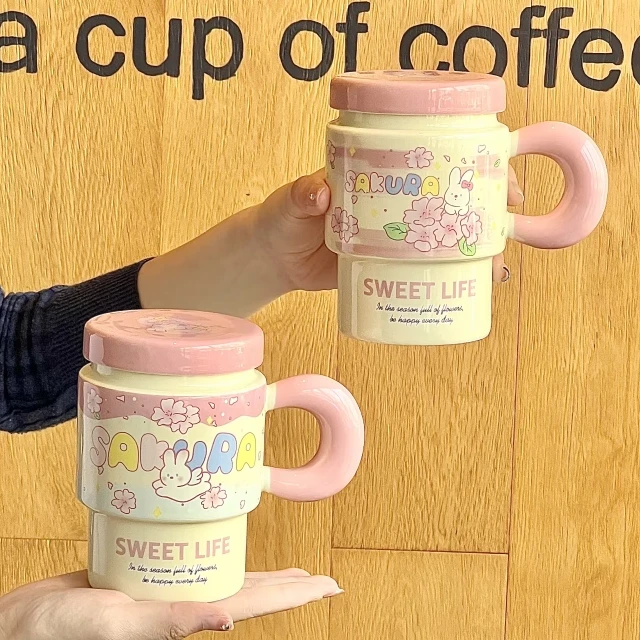 可爱女生樱花小兔杯子高颜值陶瓷马克杯带盖勺办公室早餐咖啡杯子