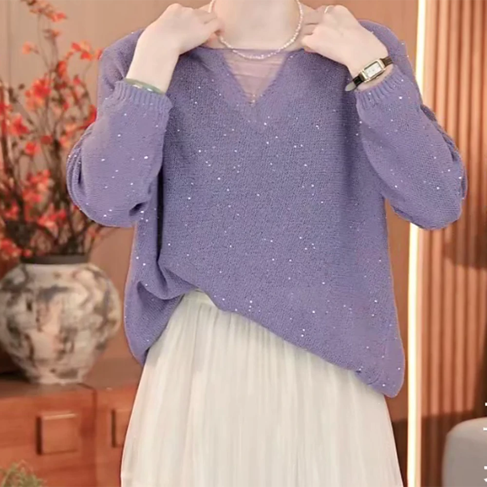 春季2025闪金韩系温柔减龄v领气质时尚百搭显瘦针织衫