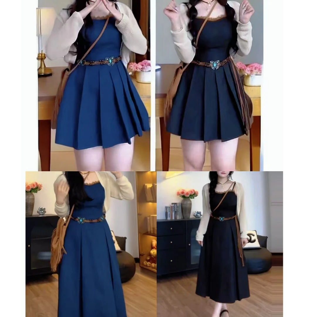 大码收腰吊带拼百褶连衣裙开衫两件套（送腰带）