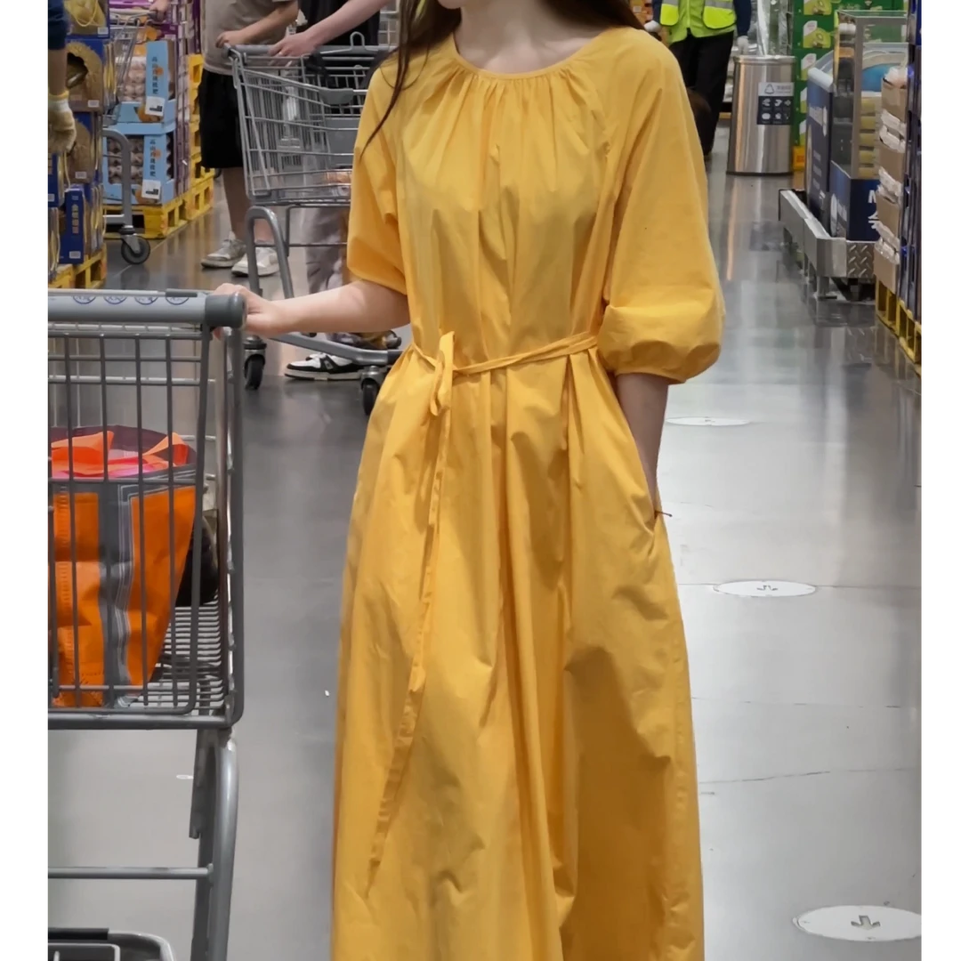 2025夏季高级宽松收腰遮肉显瘦连衣裙度假风高级感灯笼袖