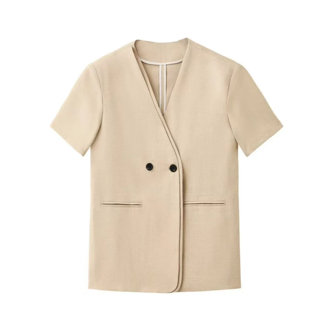 【清仓优惠双色麻V领西装】高级感外套女宽松百搭显瘦气质半袖上衣