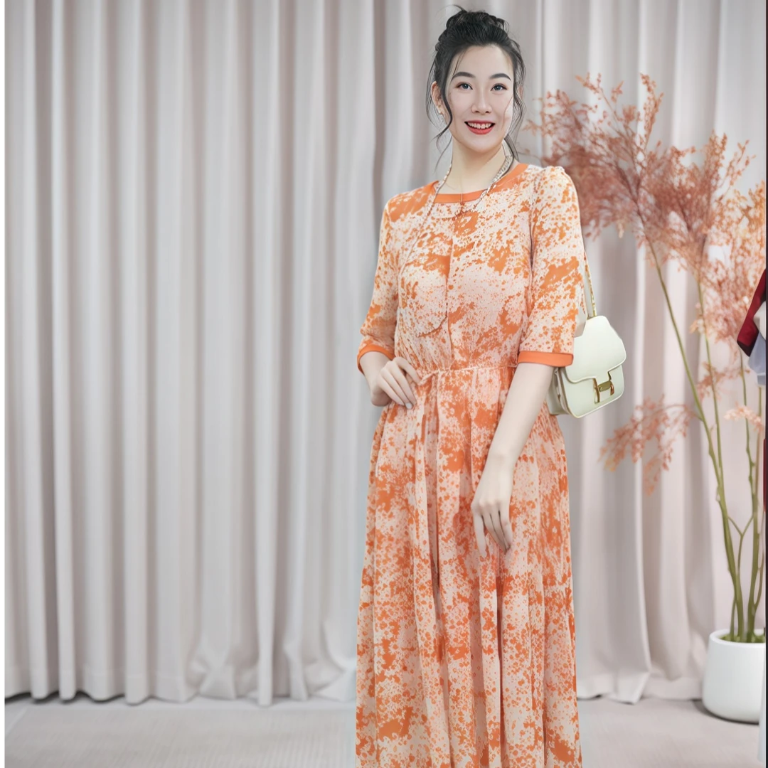 碎花连衣裙中长款2025夏季新款收腰显瘦时尚洋气