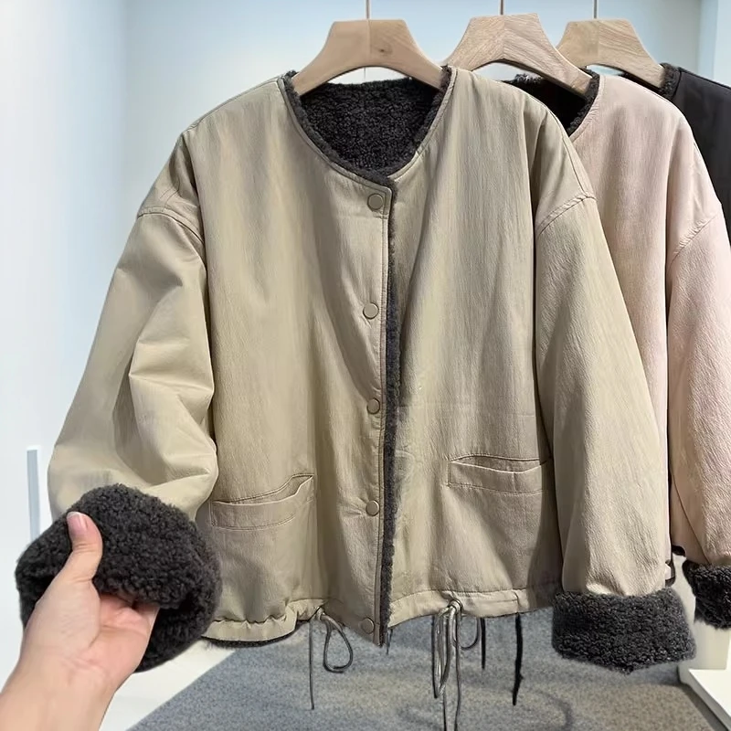 欧货撞色内里套毛棉衣短外套女冬季2025新款宽松保暖加厚棉服上衣