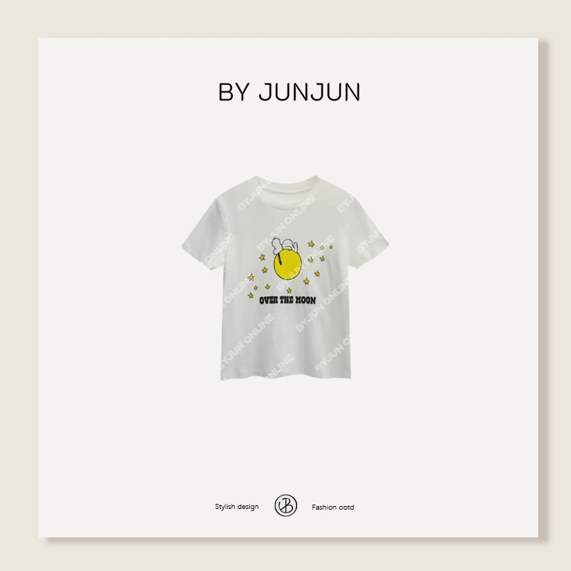 Byjunjun【月亮狗】 弹力显瘦正肩百搭T恤夏季印花圆领短袖C25T3201