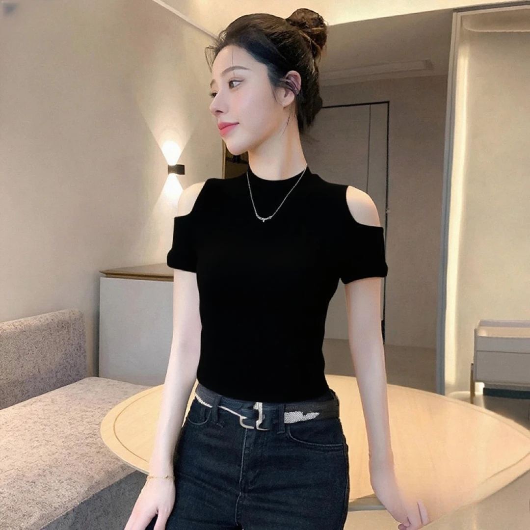 2025露肩螺纹短袖复古高领显瘦T恤上衣紧身修身网红打底衫女内搭