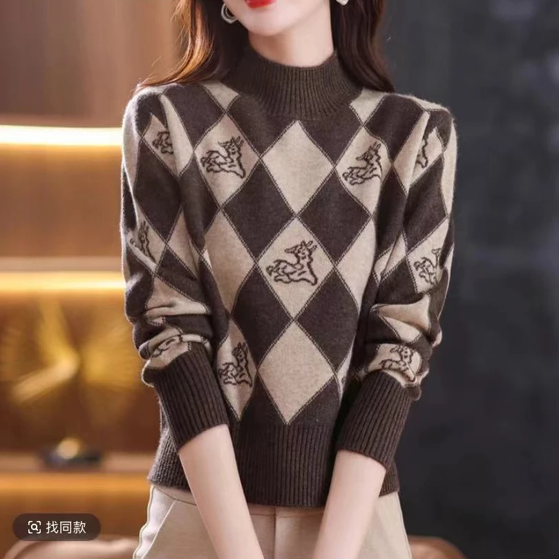 【一鹿有你】045半高领菱格拼色小鹿提花针织毛衣