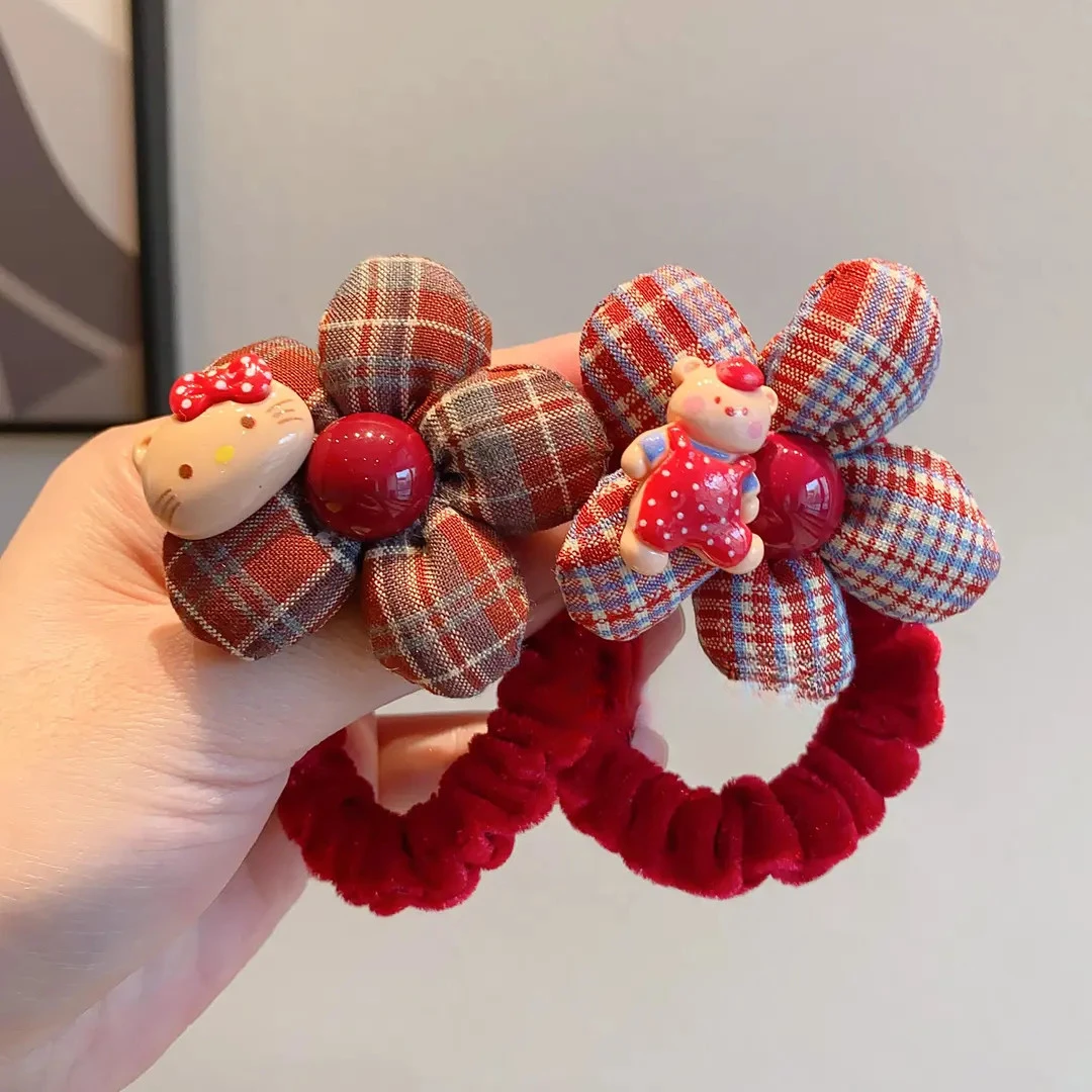 红色格纹花朵发圈儿童秋冬植绒扎发绳可爱卡通丸子头皮筋女童发饰