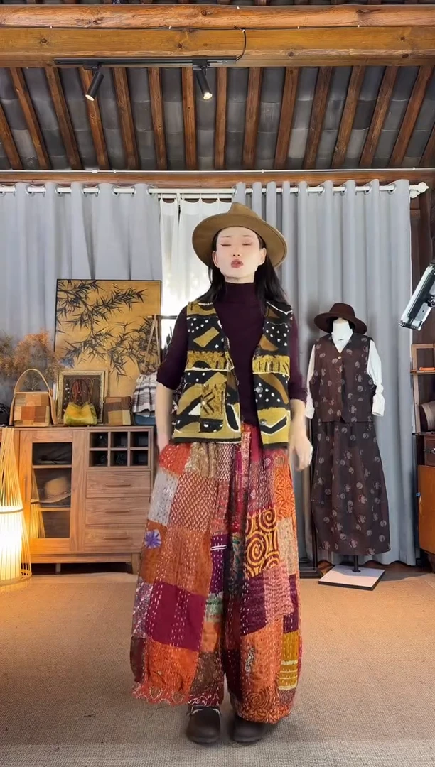 设计师款红色拼接裙裤