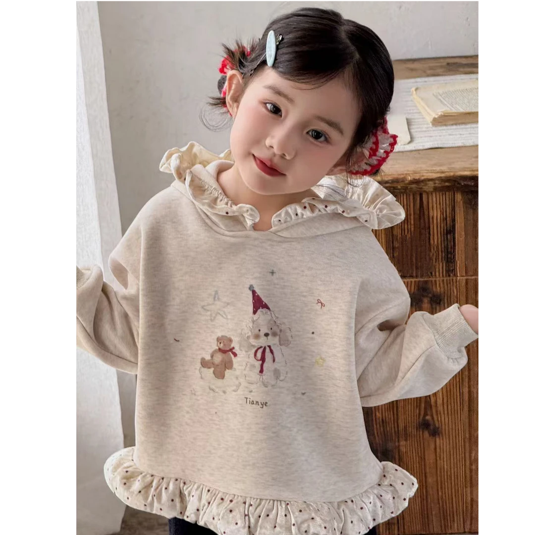 韩版秋冬女宝童装卡通风加绒套头加厚连帽卫衣