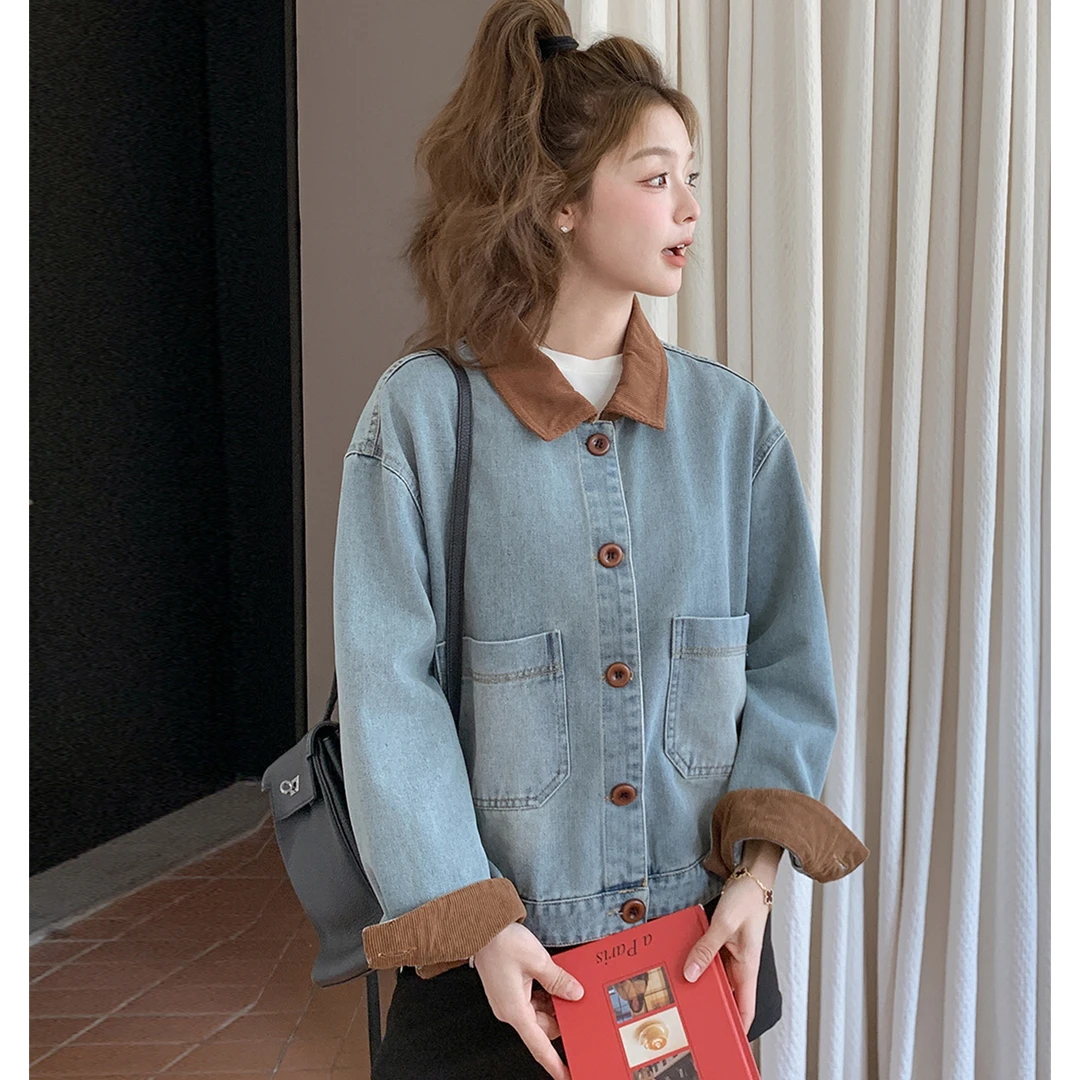 蓝色复古小个子翻领牛仔短外套女秋季2025新款休闲又酷又飒夹克