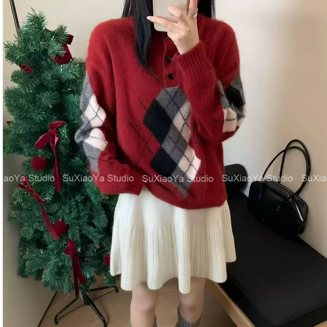 欧货订单～高级感菱形格高领针织衫女新款百搭毛衣半纽扣上衣