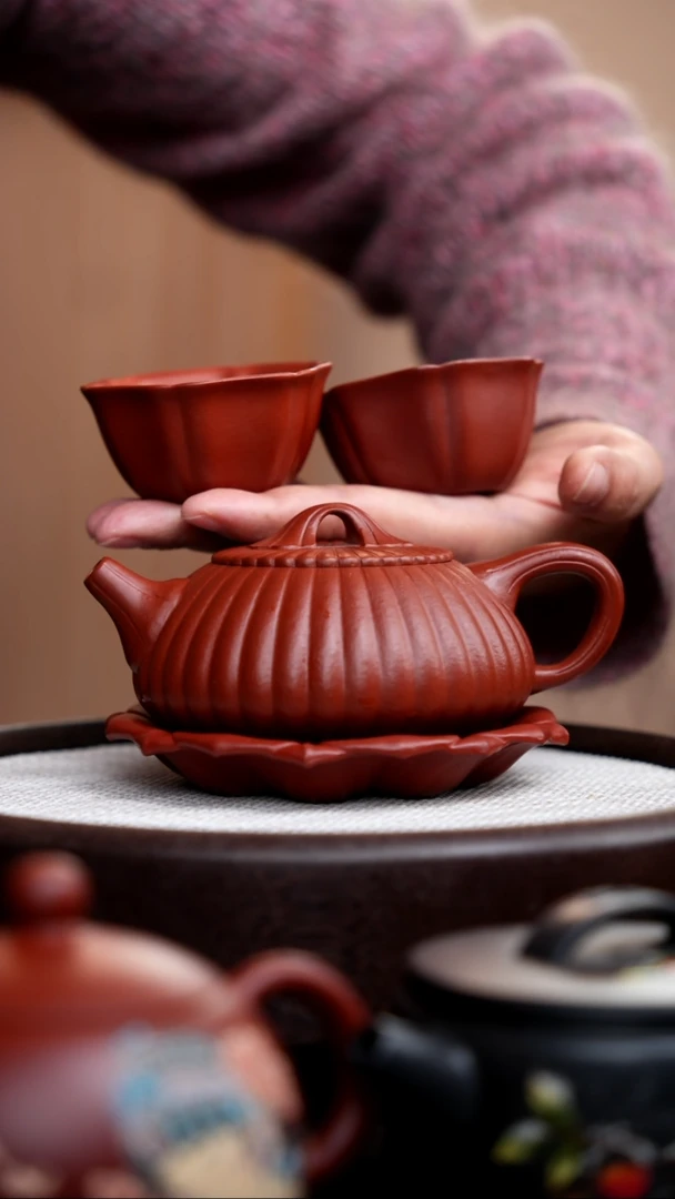 【闪购商品】紫砂茶壶朱泥筋囊石瓢+2杯+壶承014