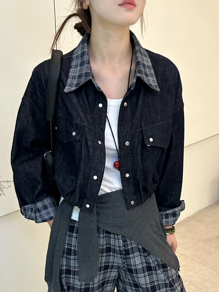 休闲牛仔短外套女2025秋新款气质翻领格子拼接单排扣夹克宽松上衣