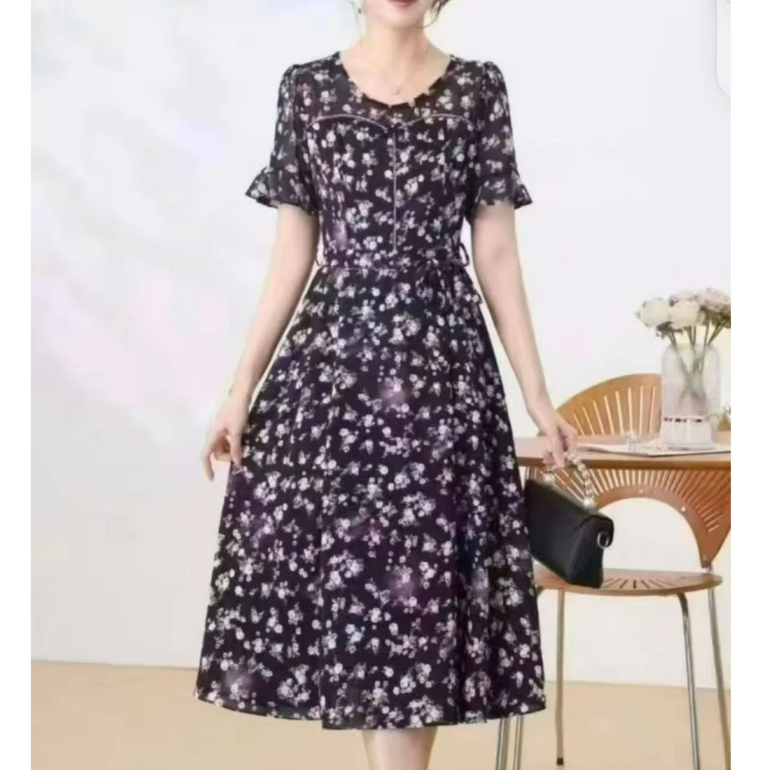 【婉婷服饰】5403连衣裙圆领夏季女装有口袋有腰带单层-裙长110