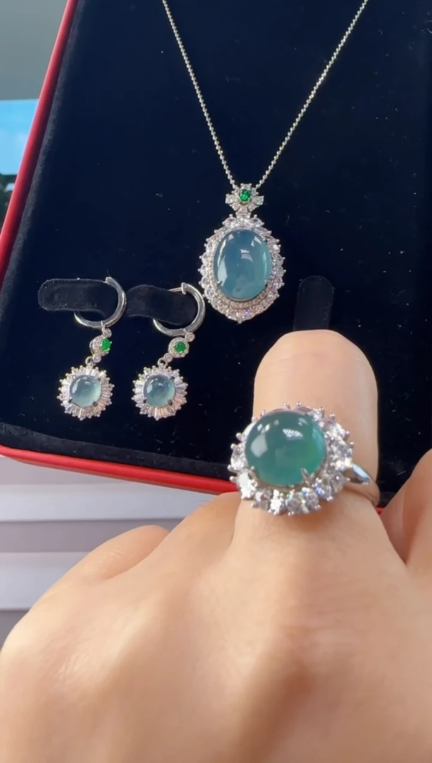 翡翠银S925镶嵌颈饰一套YJ@@WS50513022