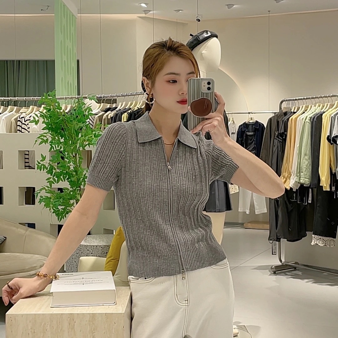 艾然  韩系气质翻领修身短袖针织开衫女双拉链百搭洋气上衣5b2248
