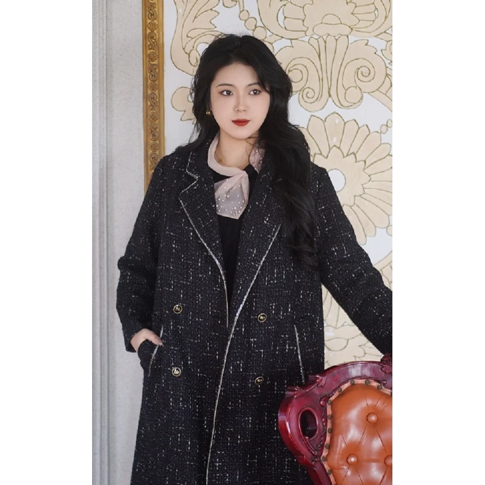 帥財閣帥家幻彩花呢小香风时尚毛呢宽松中长款秋冬气质复古外套