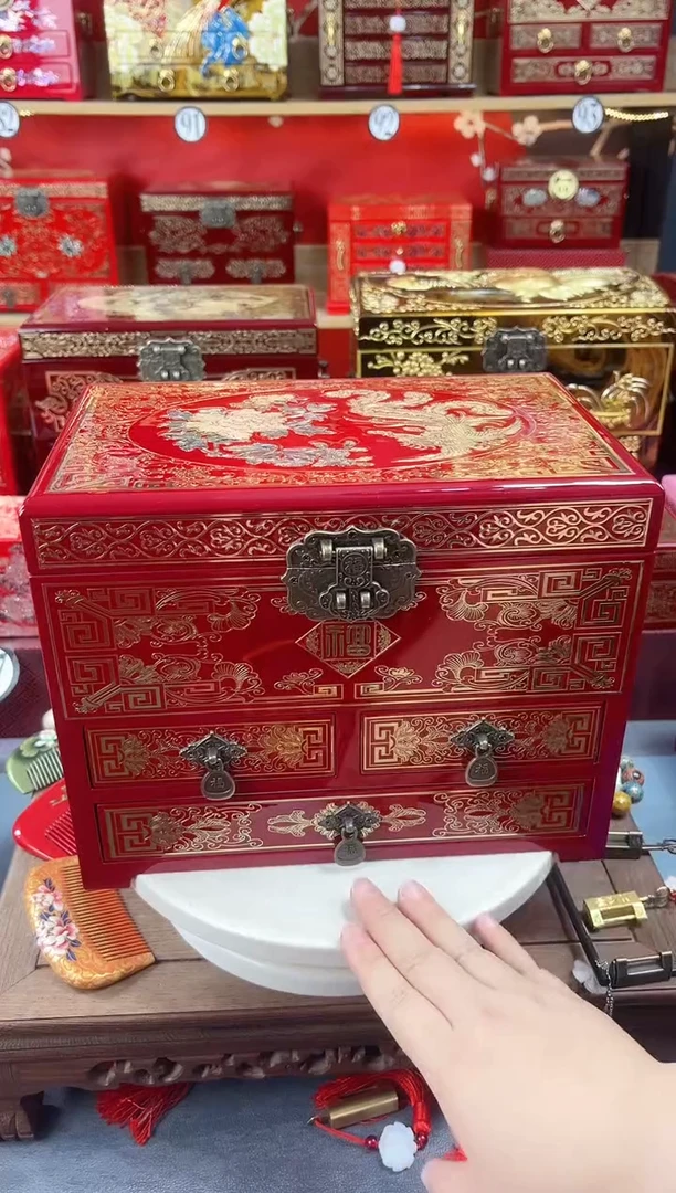 28厘米四层三抽掐丝螺钿镶嵌酒红色凤凰牡丹