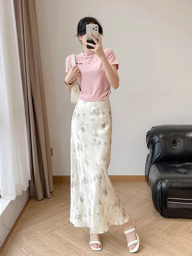 2025新款新中式中国风a字印花半裙高个子加长醋酸鱼尾半身裙女夏