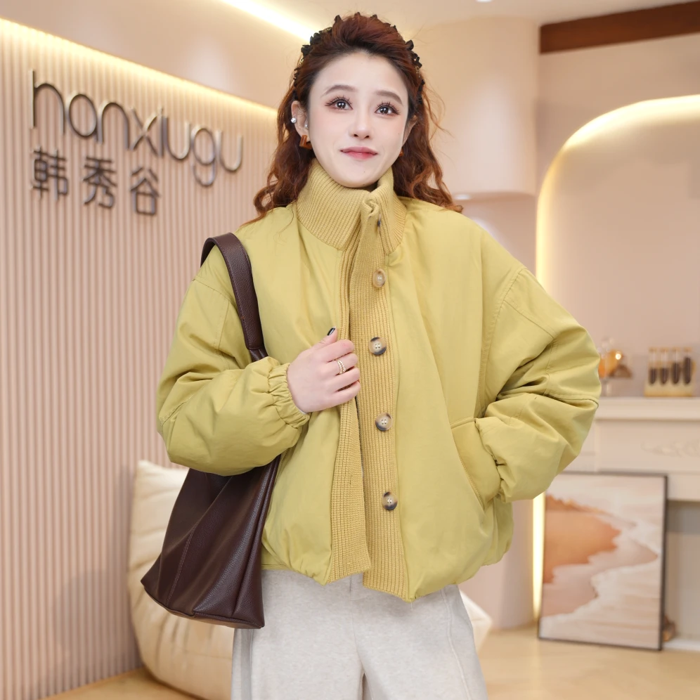 韩系针织立领拼接棉服女2025秋冬新款宽松显瘦百搭休闲外套Y1926