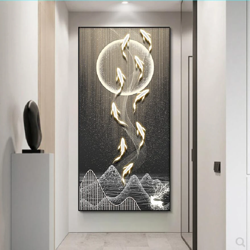 九鱼图玄关装饰画新中式入户挂画客厅走廊过道好寓意竖版轻奢壁画