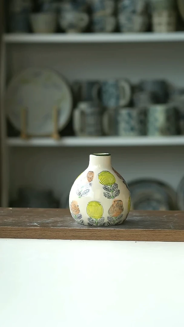 出日画釉花朵花瓶9cm@4-2@