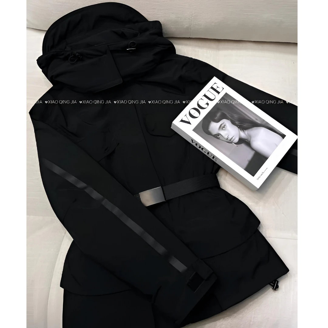 幂幂同款腰带一体羽绒冲锋衣外套中长款秋冬黑色外套女