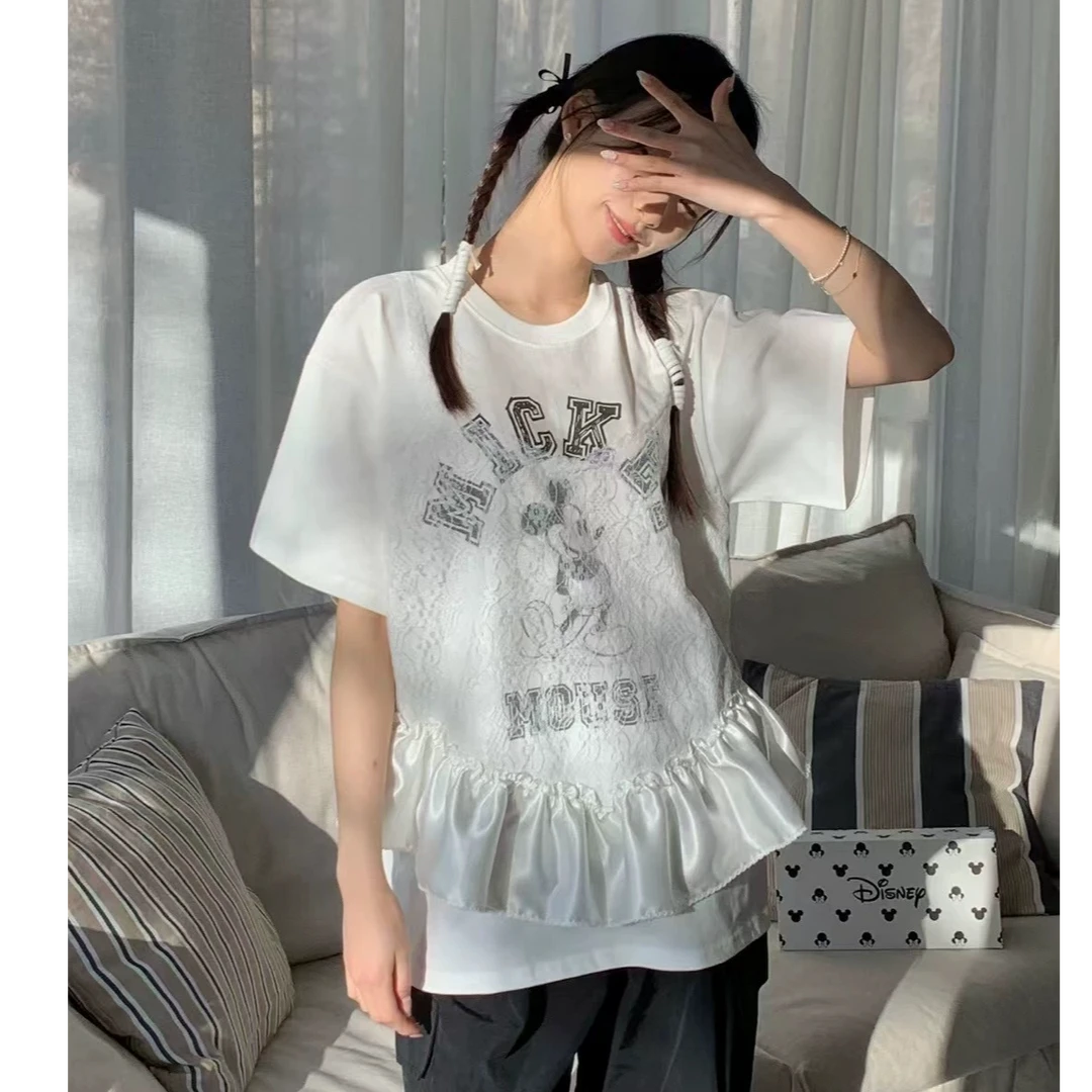 【奥莉】2025春夏:韩系大版米奇蕾丝拼接T恤上衣