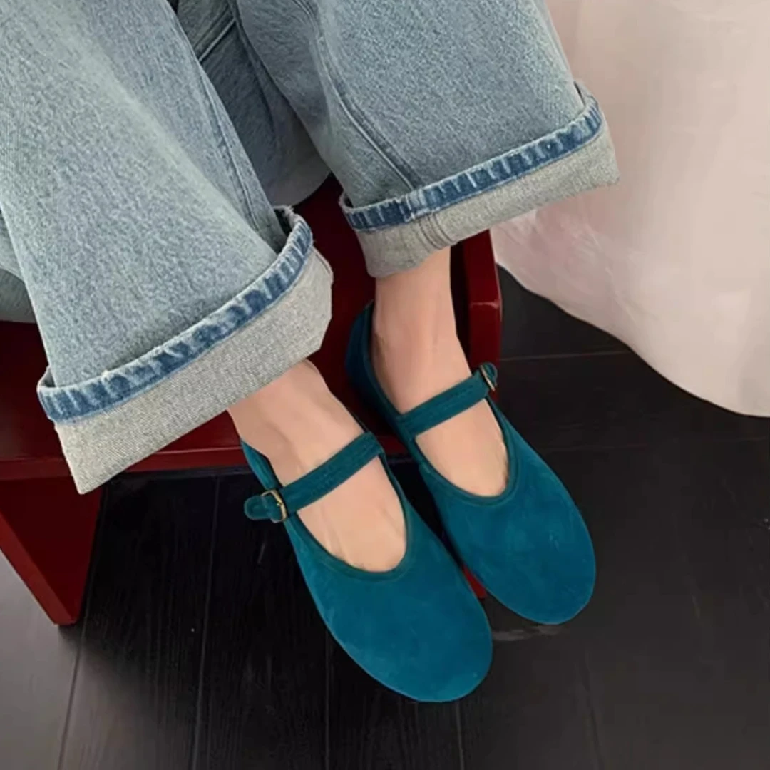 爆款真皮芭蕾舞平底浅口柔软胖脚宽肥磨砂皮一字带法式奶奶单鞋女