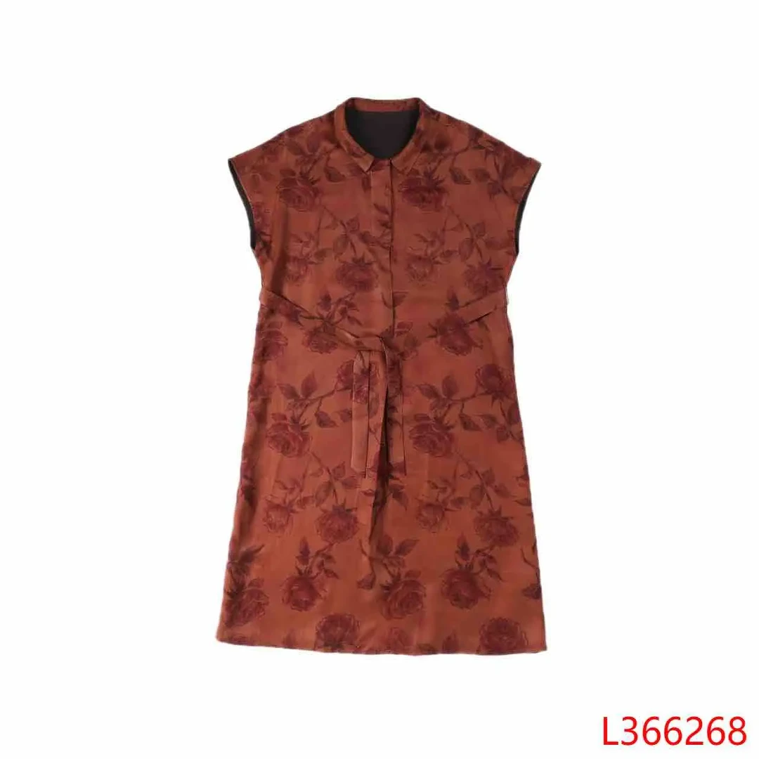 君  新中式风 366268 香云纱 重缎玫瑰印花连衣裙 红色