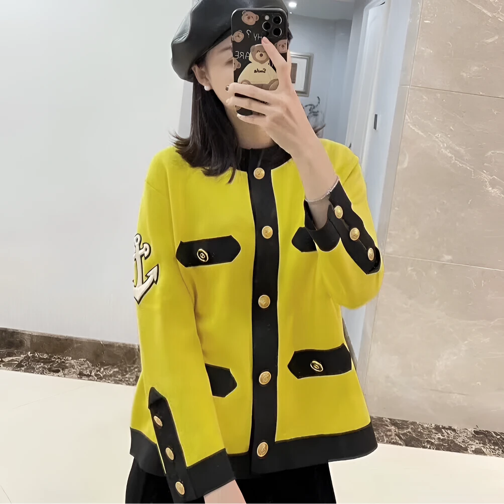 99新 GUCCI/古驰 2504214/L码/刺绣印花拼色单排扣针织开衫