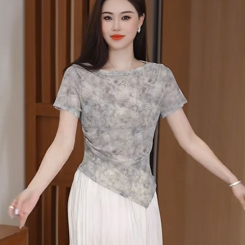 春夏季女装2025新款上衣印花网纱短袖t恤女妈妈洋气减龄女士半袖