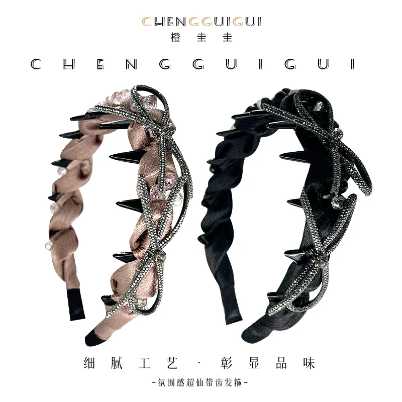 重工黑色蝴蝶结手工褶皱带齿细发箍女高级感时尚洋气头箍发饰