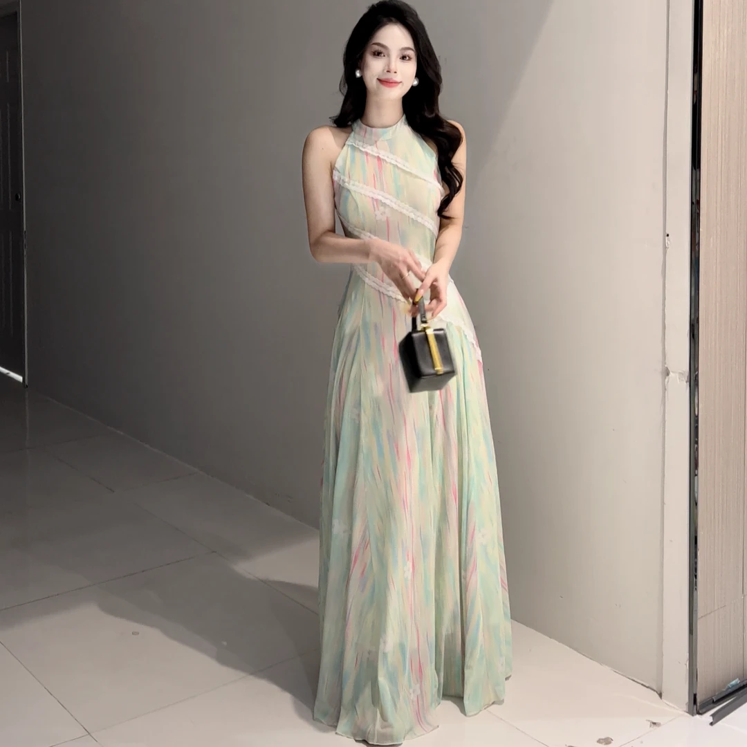 女装夏季连衣裙设计师气质修身优雅风印花法式显瘦绿色时尚
