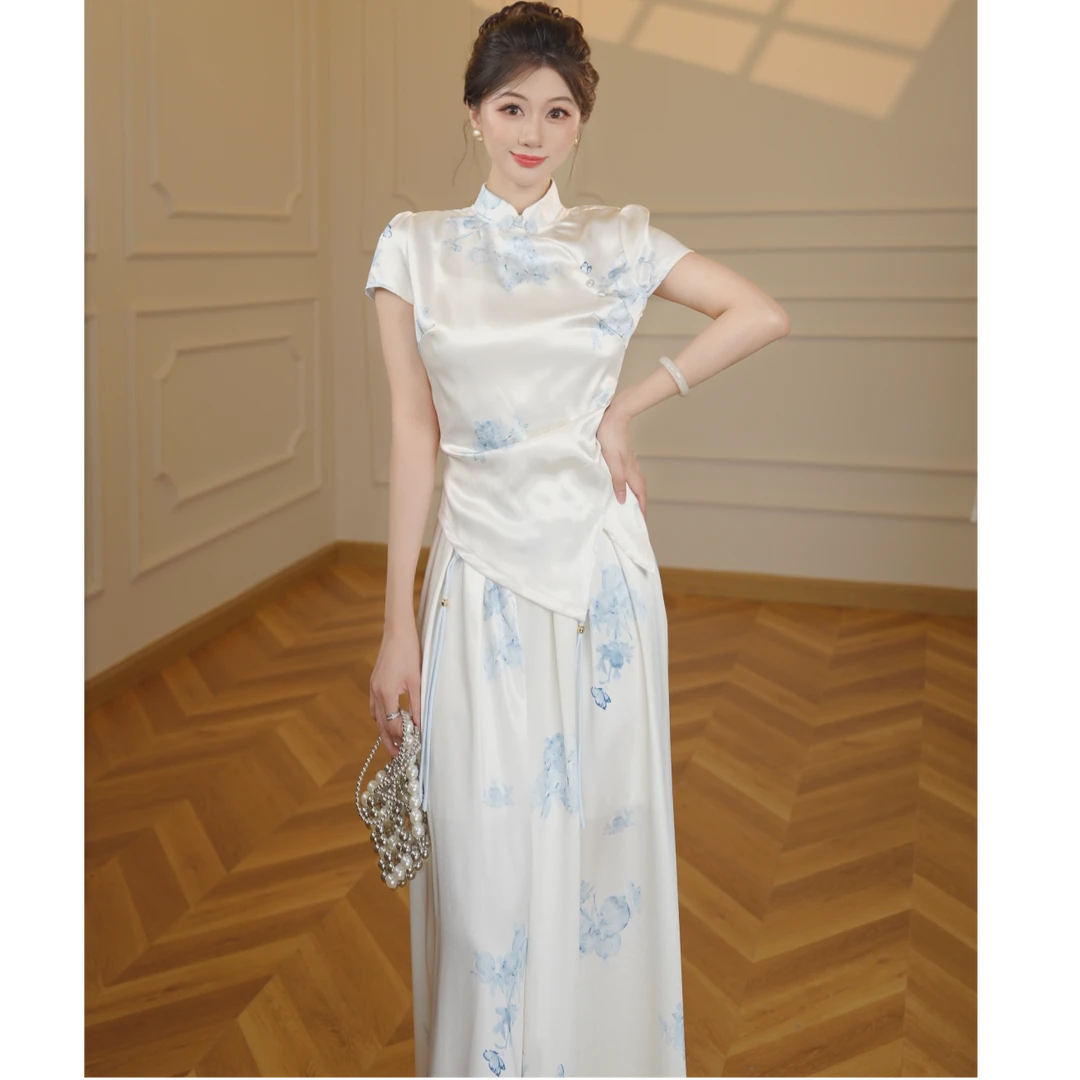 【张小小】【两件套】【有里布】2025夏季碎花国风旗袍裤装套装D2383