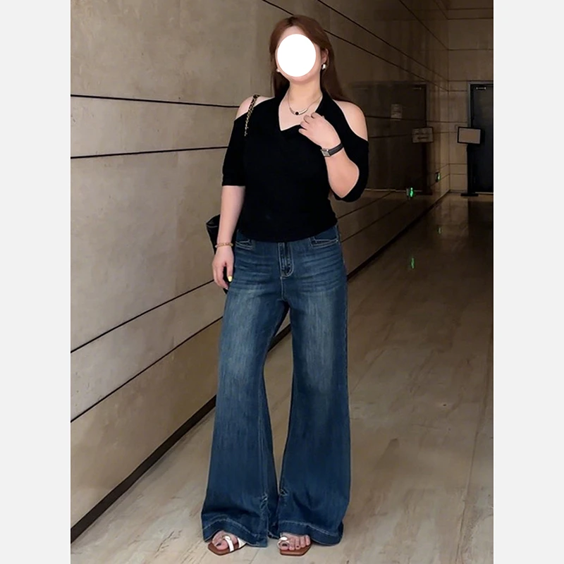 300斤大码女装复古高腰微喇牛仔裤女秋季新款胖mm显瘦喇叭拖地裤