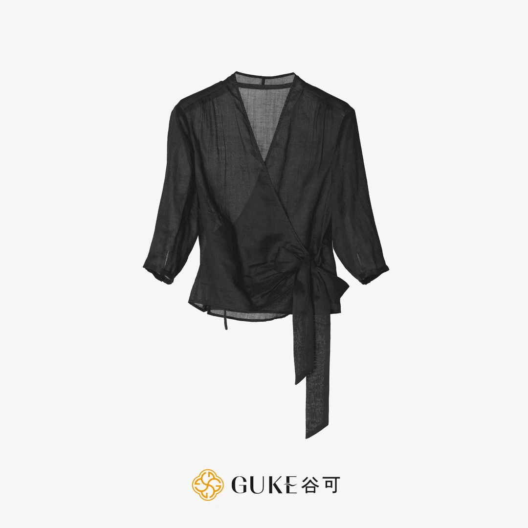 S5186-1系带平纹苎麻衬衫女装高级感夏季薄款气质外搭衬衣
