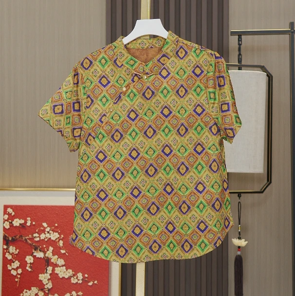 【绿格】桑蚕丝立领斜襟短袖国风小衫夏季轻薄提花轻奢新中式