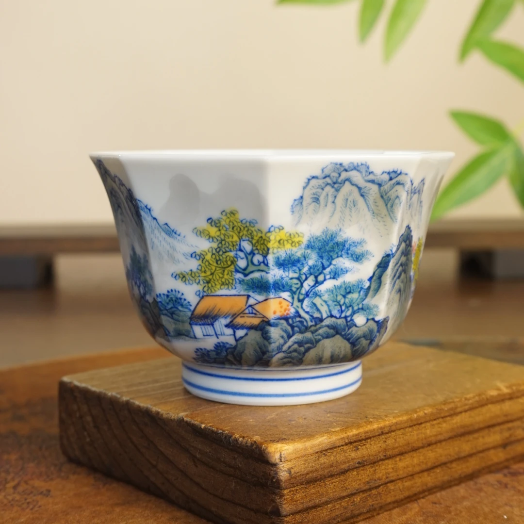德物小雅纯手工手绘青花釉下五彩山水八方杯景德镇陶瓷柴窑主人杯