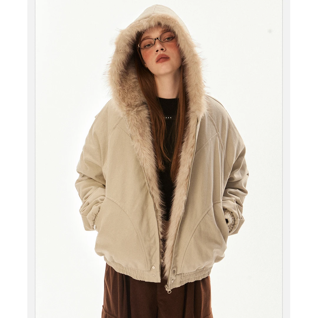 EZEK座山雕毛茸茸毛领棉服外套女加绒加厚夹克美式冬季派克服棉衣