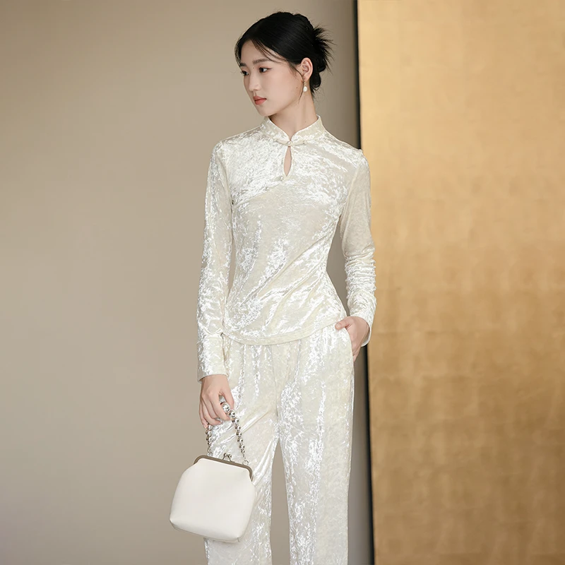 初蝉新中式女装25春装新款中国风改良高端丝绒上衣裤子230947-N